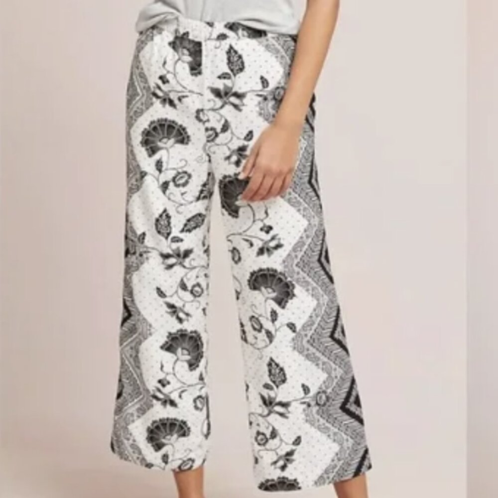 Anthropologie Sz M Glencairn Cropped Wide Leg Pants Black & White Pockets Lined